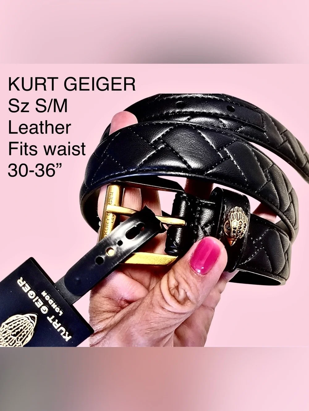 Kurt Geiger RP$118 NWT Leather Belt S/M Fits waist 30-36”goldbrassBuckle&BirdHea